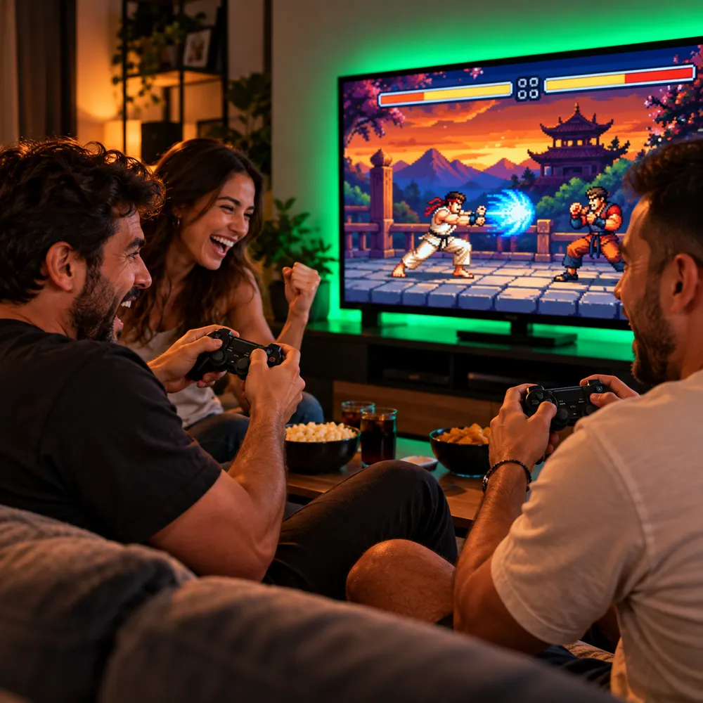 Amigos jogando juntos com dois controles