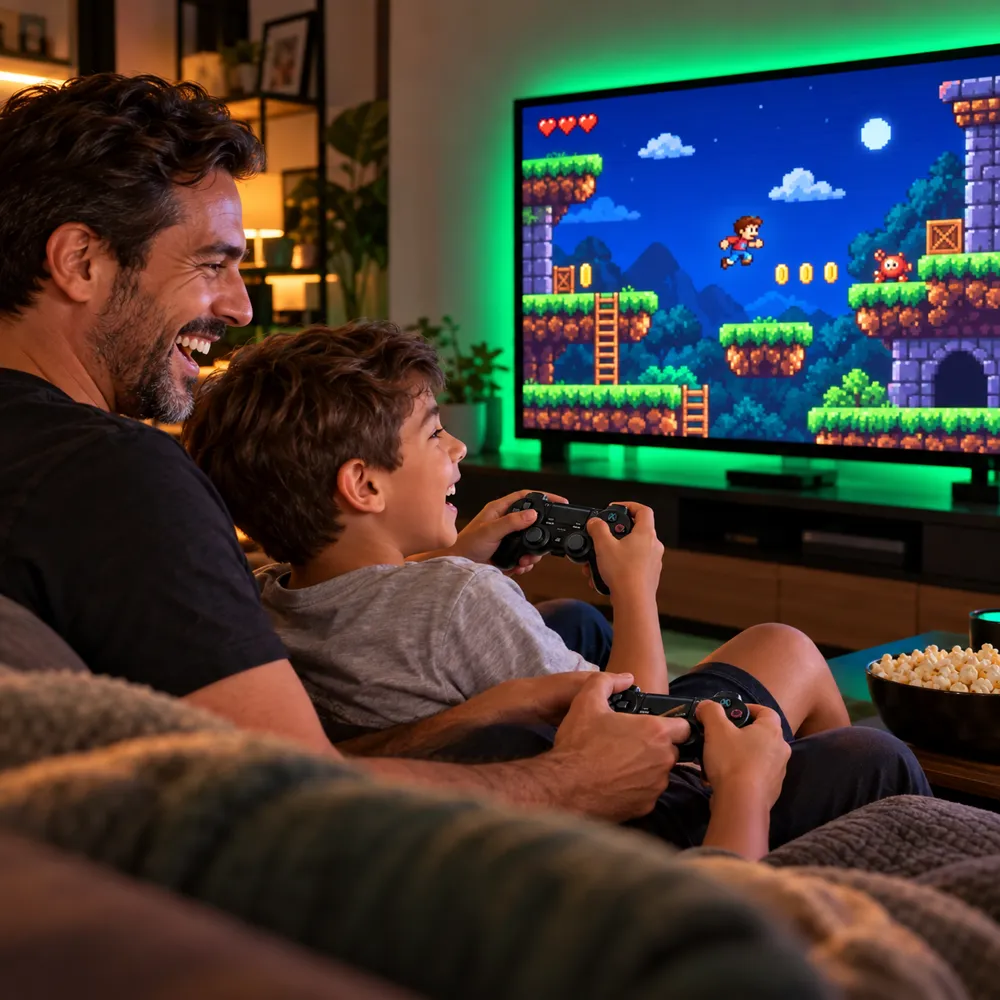 Pai e filho jogando videogame retrô no sofá
