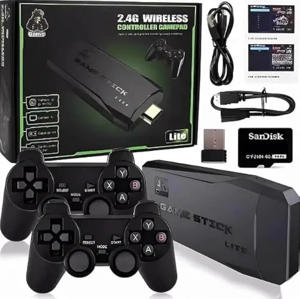 Game Stick com caixa, controles, cabos e cartão